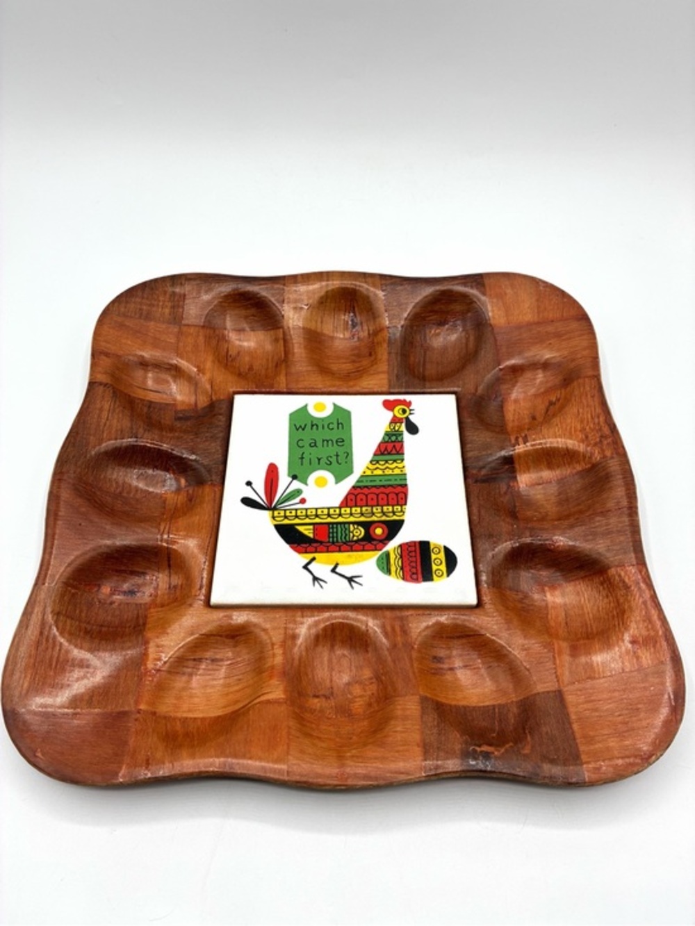 Vintage Farmhouse MCM Deviled Egg Tray “Which Came First” Chicken